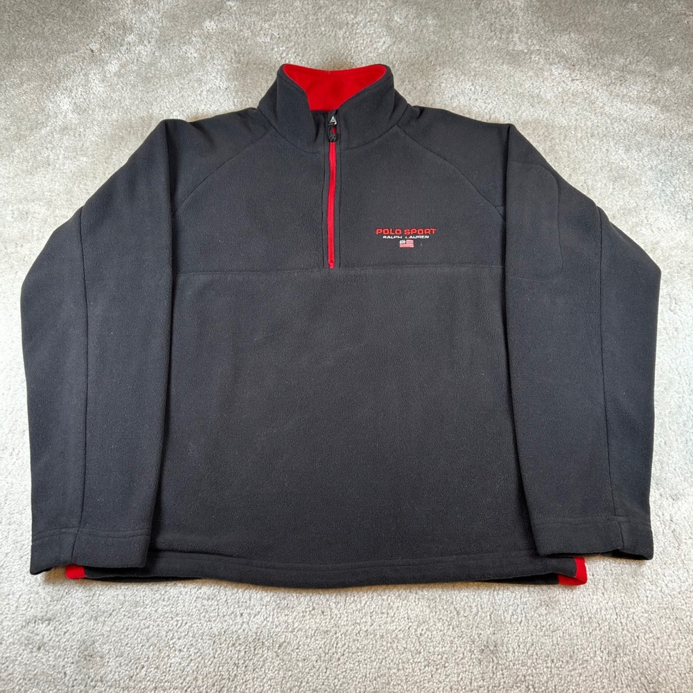 Vintage Polo Sport Ralph Lauren Quarter Zip Fleece Mens Large Black Red Pullover
